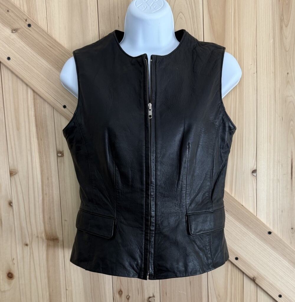 VTG INC International Black Leather Zip Front Moto Biker Vest 90s Y2K Sz P (S)